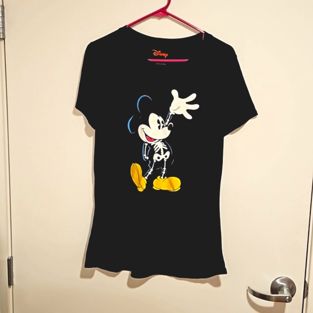 DISNEY Mickey Mouse skeleton graphic tee black cap sleeve Size XL Halloween